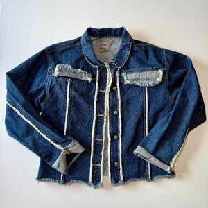 Lady J Cool Denim Jacket Urban Wear Size XL Patch Work Y2K Frayed Edges & Hem